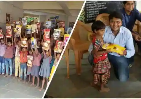 Students receiving notebooks through IDA Foundation school partnership activities